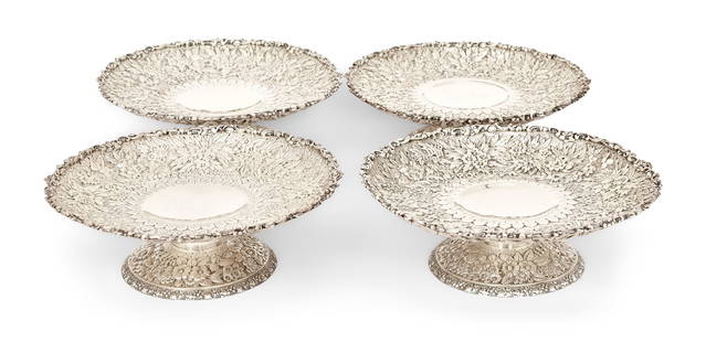 Set of Four Tiffany & Co. Sterling Silver Floral Repousse Tazzas: Tiffany & Co. (New York, est. 1837) Set of Four Floral Repousse Tazzas late 19th century sterling silver marked "Tiffany & Co. / Makers / Sterling Silver / 925-1000 / 4994 2888 / M" 3 x 9 1/4 inches