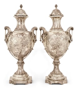 Pair of Continental Repousse 800 Silver Urns