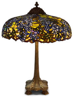 Duffner & Kimberly "Wisteria" Table Lamp: Duffner & Kimberly (New York, est. 1905) "Wisteria" Table Lamp circa 1915 leaded glass, gilt bronze base marked "The Duffner & Kimberly Company, New York" 28 1/2 in. high, 21 1/4 in. diameter