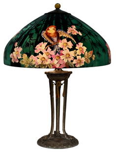 Handel "Jungle Birds" Table Lamp, Decorated by John Bailey: Handel CompanyDecorated by John Bailey"Jungle Birds" Table Lampcirca 1915reverse painted glass, patinated metalshade marked "Handel, 7028, / Handel Lamps, Pat'd No. 979664" and art