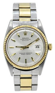 Rolex Two-Tone Oyster Perpetual Datejust, Ref. 1601, 18K Gold & Stainless Steel Wristwatch, Circa: Rolex Two-Tone Oyster Perpetual Datejust, Ref. 1601, 18K Gold & Stainless Steel Wristwatch, Circa 1963Case: 18K Gold, Stainless SteelCase Diameter: 36mmDial: SilverReference Number: 1601Movement: Auto