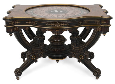 Attr. Pottier & Stymus (New York, 1859-1910), Gilt-Incised, Ebonized & Burl Walnut Center Table with