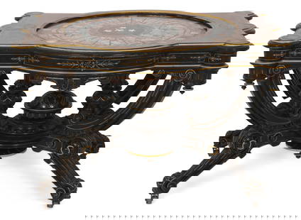 Attr. Pottier & Stymus (New York, 1859-1910), Gilt-Incised, Ebonized & Burl Walnut Center Table with: Attributed to Pottier & Stymus(New York, 1859-1910)Center Tablecirca 1875ebonized wood, burl walnut, gilt incising, pietra dura, wooden inlay30 x 46 x 36 inchesProvenance: Property from a Boston, Mass