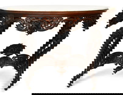 J. & J.W. Meeks Rosewood Rococo Revival Center Table: John & Joseph W. Meeks(New York, NY, 1836-1859)Rococo Revival Center Tablecirca 1850laminated rosewood, marble31 1/2 x 47 x 26 inchesThe original white oval marble top on a fancy laminated rosewood pi