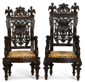 Two Exceptional Italian Carved Walnut Throne Chairs