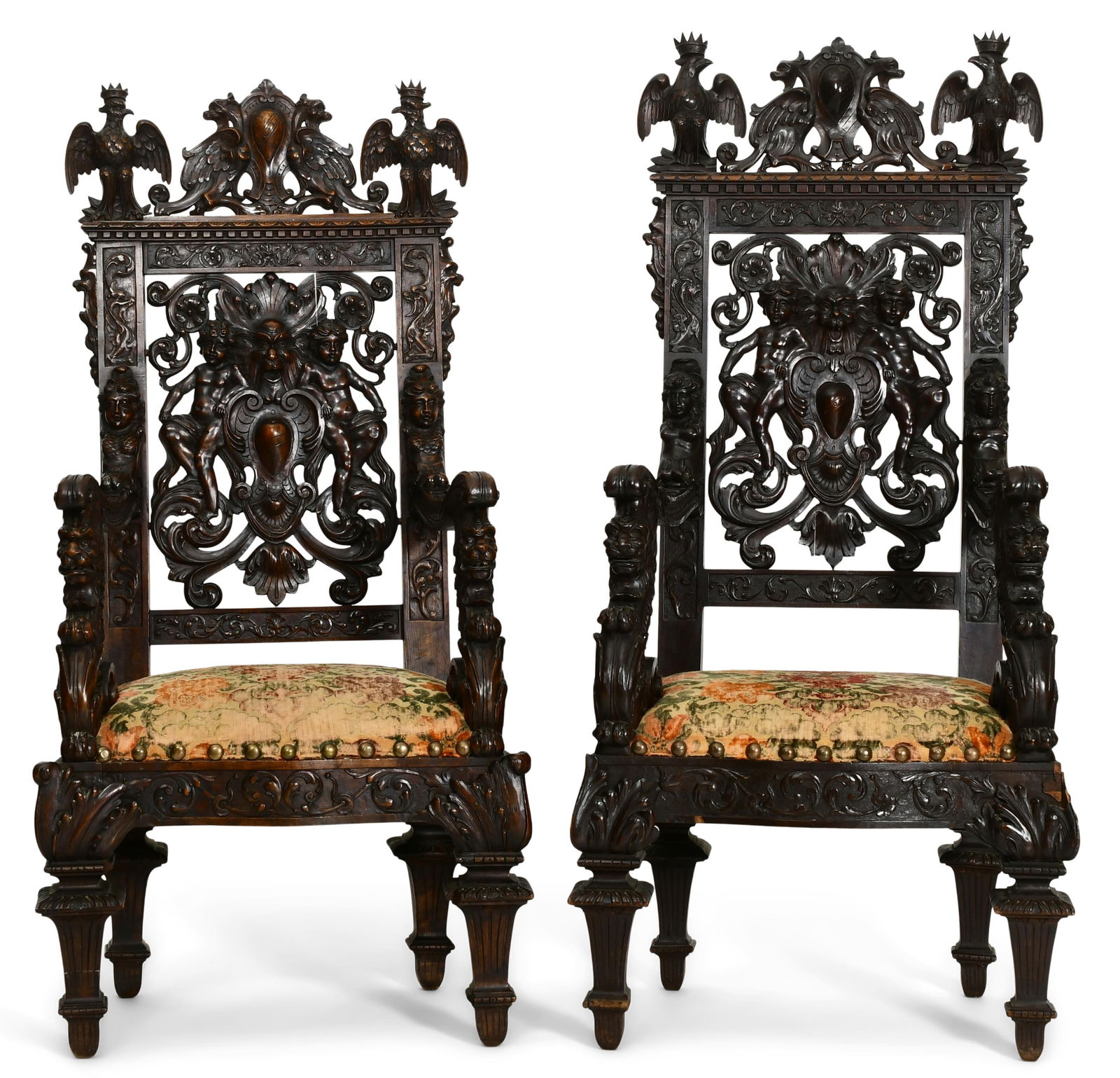 Two Exceptional Italian Carved Walnut Throne Chairs (1 of 8)