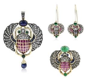 18K Yellow Gold, Sterling Silver, Diamond, Ruby, Emerald & Sapphire Jewelry Suite