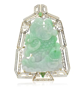 14K Yellow Gold, Jade & Diamond Necklace Pendant
