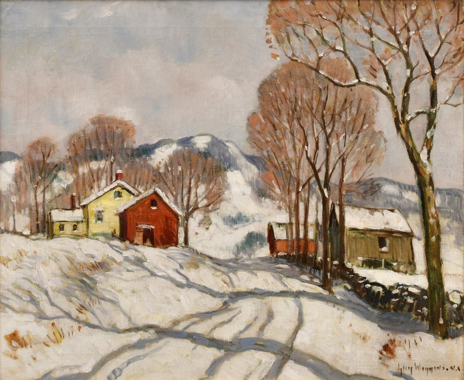 Guy Carleton Wiggins (American, 1883-1962), "The Hill-Farm, Winter": Guy Carleton Wiggins(American, 1883-1962)"The Hill-Farm, Winter"oil on canvassigned "Guy Wiggins, N.A." (lower right); and inscribed "The Hill-Farm, Winter, Guy Wiggins, N.A." (verso)19 1/2 x 23 3/4 i