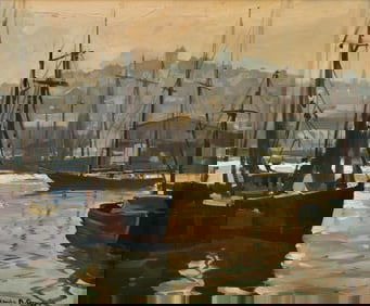 Emile Albert Gruppe (American, 1896-1978), Gloucester Harbor with Portuguese Hill