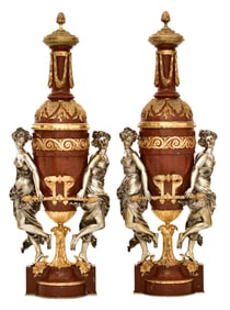 A Pair of Fine French Gilt & Silvered Bronze-Mounted Rouge Marble Oil Lamps by Maison Gagneau