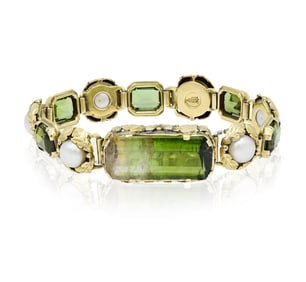 Edward Oakes 14K Yellow Gold, Tourmaline and Pearl Arts & Crafts Bracelet