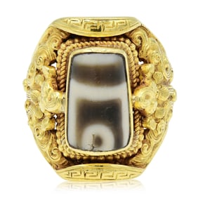 18K Yellow Gold & DZI Agate Bead Ring
