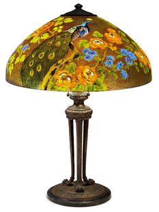 Handel "Peacock" Table Lamp: Handel Company(Connecticut/New York, 1885-1936)"Peacock" Table Lampcirca 1915acid etched, enameled and obverse painted glass, patinated metalshade marked "Handel, 7126 / Handel Lamps, Pat'd No. 979664