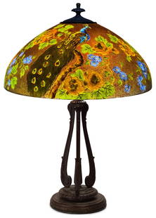Handel "Peacock" Table Lamp: Handel Company(Connecticut/New York, 1885-1936)"Peacock" Table Lampcirca 1915acid etched, enameled and obverse painted glass, patinated metalshade marked "Handel, 7126 / Handel Lamps, Pat'd No. 979664