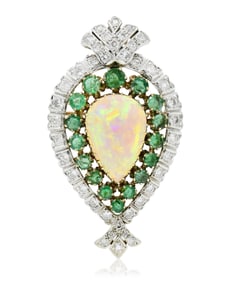 Palladium over 10K Yellow Gold, Opal, Emerald & Diamond Brooch/Pendant