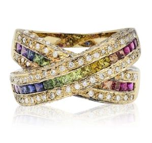 18 Karat Yellow Gold, Diamond & Rainbow Sapphire Ring
