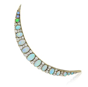 14K Yellow Gold, Opal & Diamond Brooch