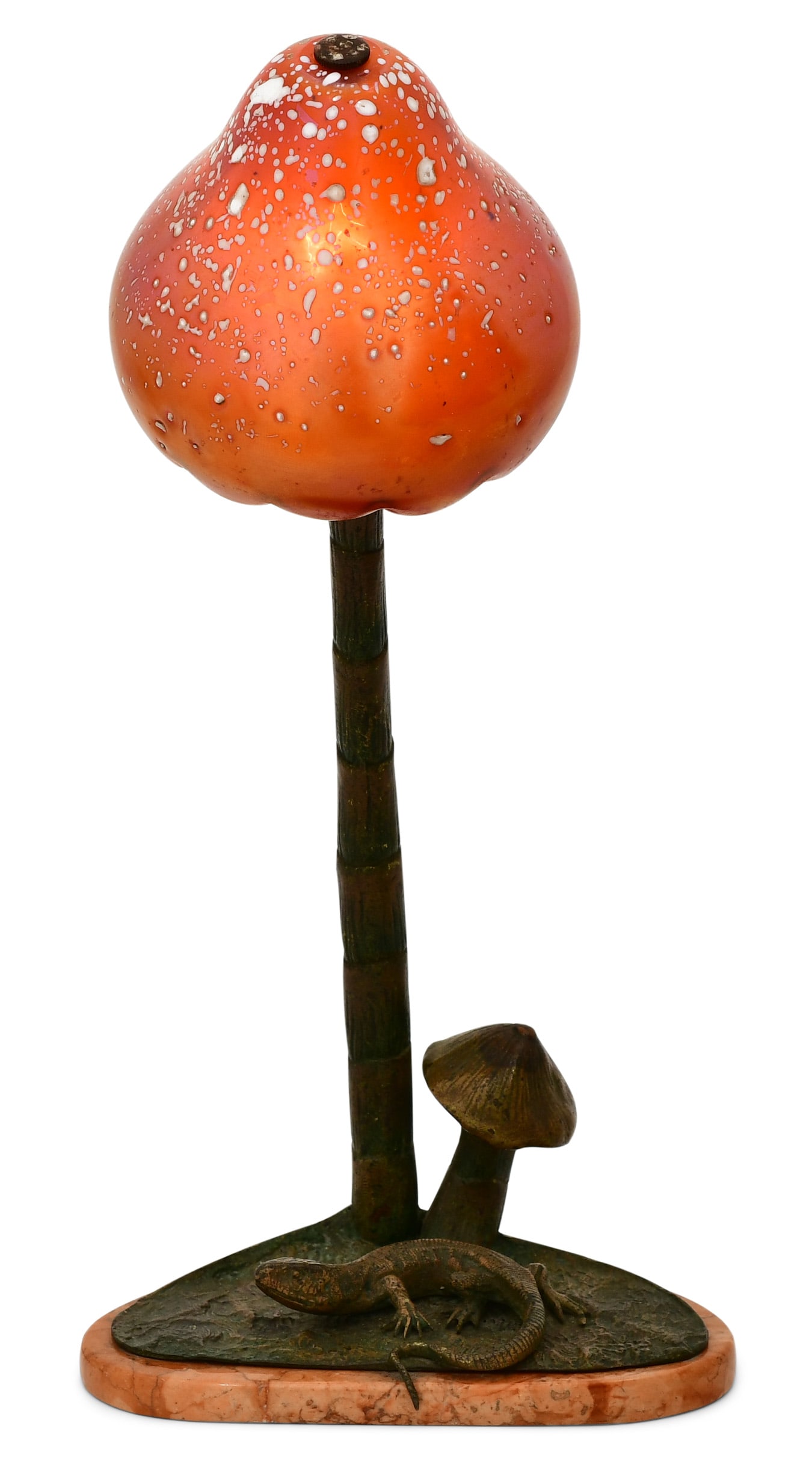 Loetz Art Glass & Patinated Bronze Mushroom Lamp with Lizard: Loetz Art Glass & Patinated Bronze Mushroom Lamp with Lizardearly 20th century13 1/2 x 6 1/2 x 5 inches