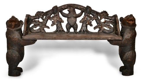 A Large Black Forest Carved Wood Bear Bench