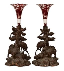 A Pair of Black Forest Carved Wood & Cut Glass Vases