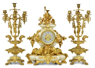 French Gilt Bronze-Mounted Onyx Clock Garniture by H. Houderine, Paris