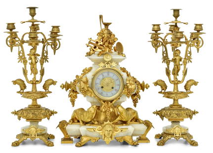 French Gilt Bronze-Mounted Onyx Clock Garniture by H. Houderine, Paris: French Gilt Bronze-Mounted Onyx Clock Garniture by H. Houderine, Paristhird quarter 19th centurythe clock elaborately decorated with grape clusters, fruit, an urn, musical instruments, panthers and a