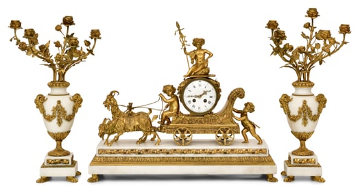French Louis XVI-Style Gilt Bronze & Marble Clock Garniture, Harris & Harrington