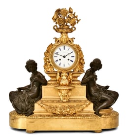 A Large French Gilt & Patinated Bronze Figural Mantel Clock, Delafontaine, Paris