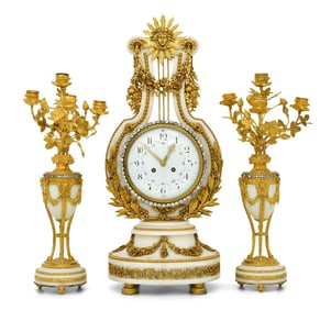 French Gilt Bronze-Mounted Marble Lyre Clock Garniture