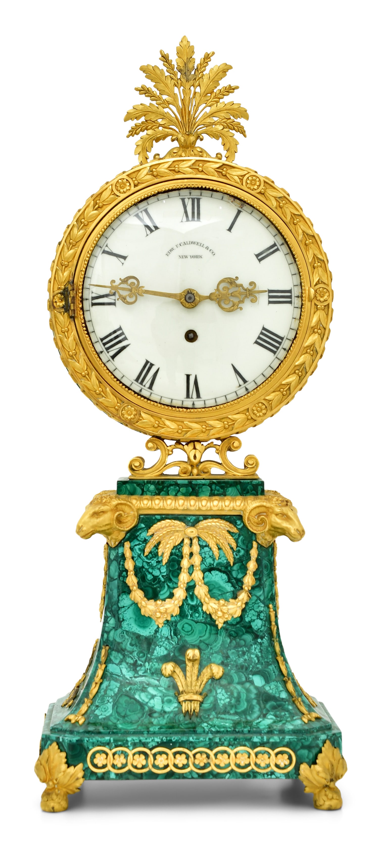 Edward F. Caldwell & Co. Gilt Bronze-Mounted Malachite Mantel Clock (1 of 9)