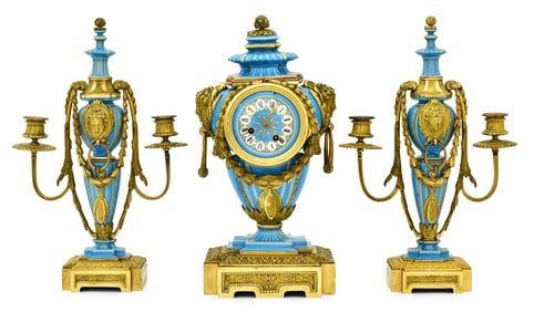 French Gilt Bronze-Mounted Porcelain Clock Garniture