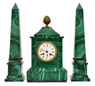 French Malachite & Gilt Bronze Clock Garniture