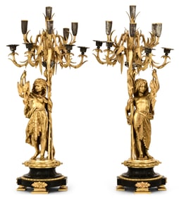 Albert-Ernest Carrier-Belleuse (French, 1824-1887), Pair of Bronze Figural Candelabra
