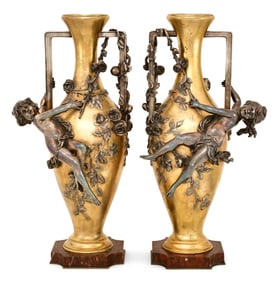 Auguste Moreau (French, 1834-1917), Pair of Bronze Figural Vases