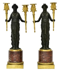 A Pair of French Bronze & Rouge Marble Figural Candelabra