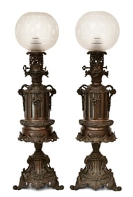 A Pair of French Patinated Bronze & Brass Moderator Oil Lamps