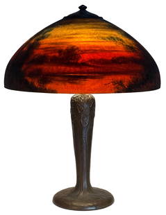 Handel Scenic Table Lamp: Handel Company(Connecticut/New York, 1885-1936)Scenic Table Lampcirca 1915reverse painted glass, patinated metalshade marked "Handel, 6625 / Handel Lamps, Pat'd No. 979664"base marked with cloth tag "