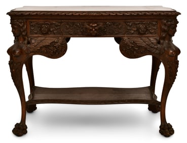 American Carved Oak 3 Drawer Table with Winged Maidens