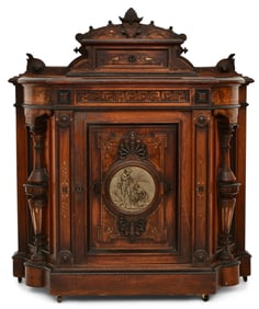 American Renaissance Revival Parcel-Gilt, Ebonized, Bronze & Burl Walnut Credenza