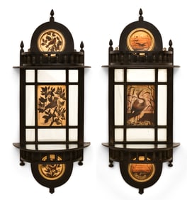 A Pair of Aesthetic Movement Painted & Ebonized Wood Wall Shelves