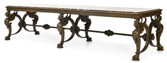 French Wrought Iron Griffin Bench with Marble Top