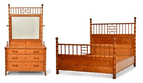 American Faux Bamboo & Birdseye Maple Bed & Dresser