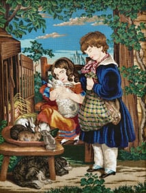 19th Century Framed Needlepoint of Two Children with Rabbits