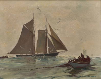 Emile Albert Gruppe (American, 1896-1978), "Pursuing the Fish": Emile Albert Gruppe(American, 1896-1978)"Pursuing the Fish"oil on canvassigned "Emile A. Gruppe" (lower right); and inscribed "Pursuing the Fish by Emile Gruppe" (verso)15 1/2 x 19 1/2 inches (sight)1
