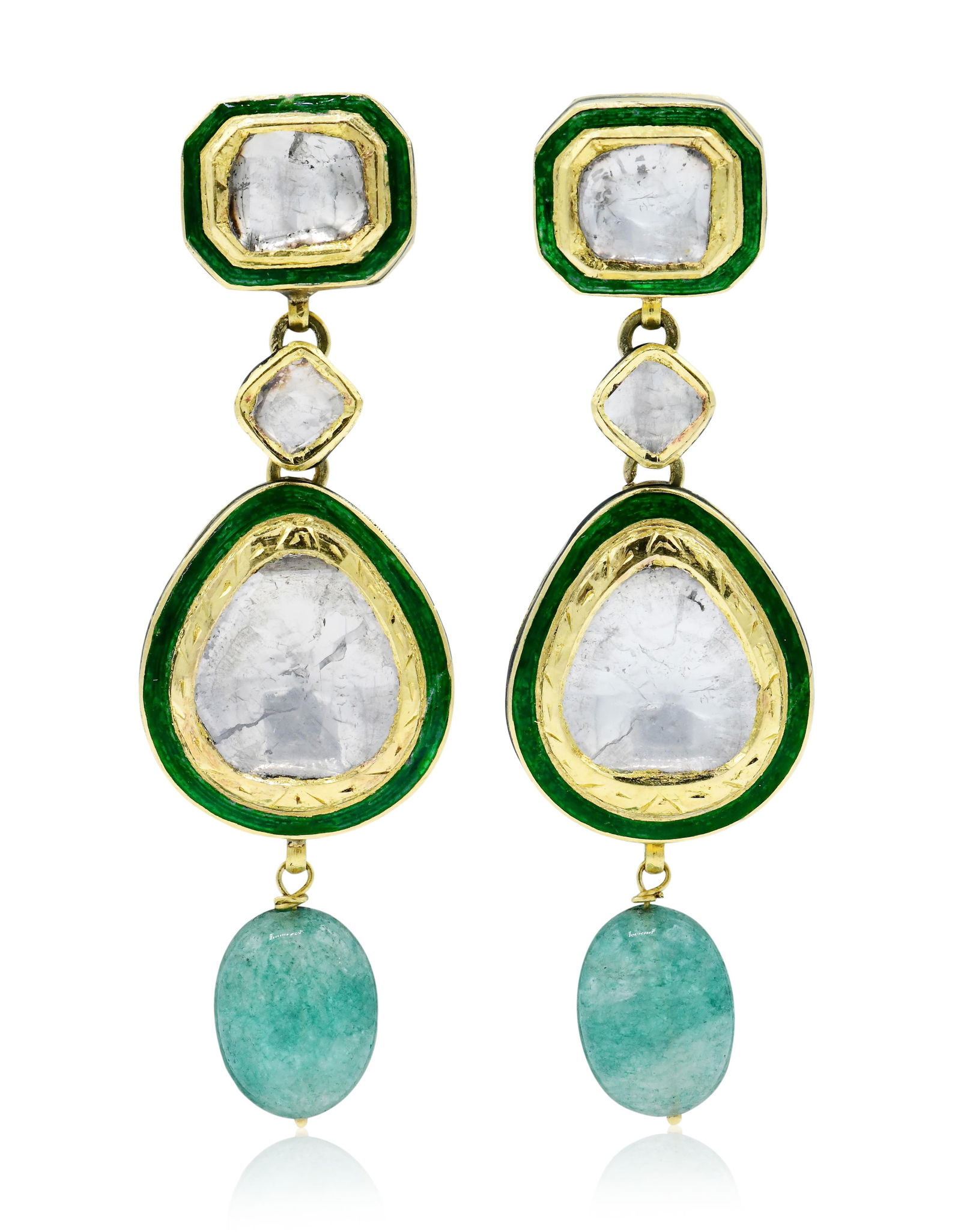 14K Yellow Gold, Polki Diamond, Enamel & Jade Earrings (1 of 2)