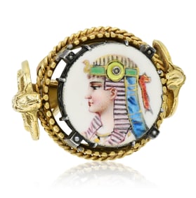10K Yellow Gold, Sterling Silver & Enamel Egyptian Revival Ring