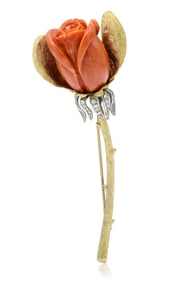 14K Gold, Diamond & Coral Rose Brooch