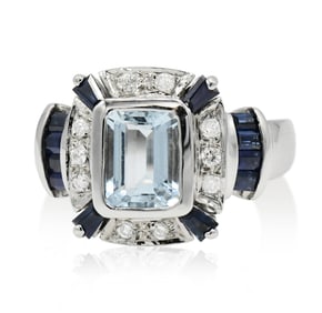 14K White Gold, Diamond, Sapphire & Aquamarine Ring