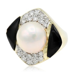 14K Yellow Gold, Pearl, Diamond & Black Onyx Ring
